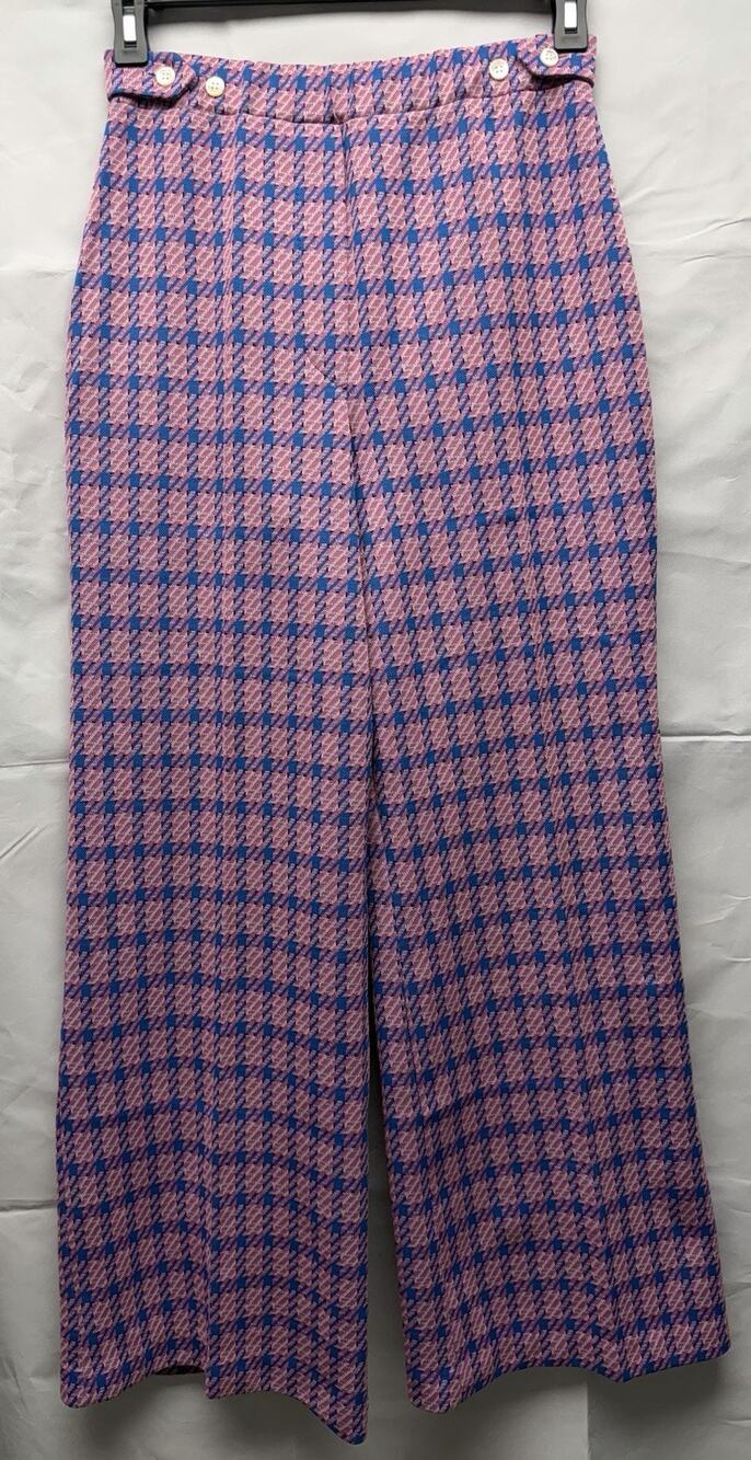 Vtg 1970s Houndstooth Bell Bottom Pants Pink Blue Sz 15-16 Adjustable Polyester